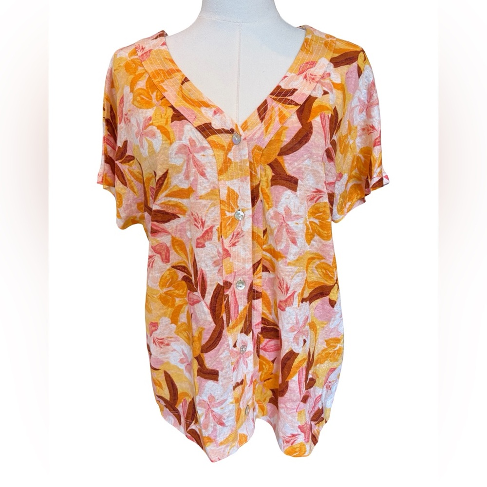 3/$15 EUC Tahari 100% Linen Button Front Floral Short Sleeve Top Medium